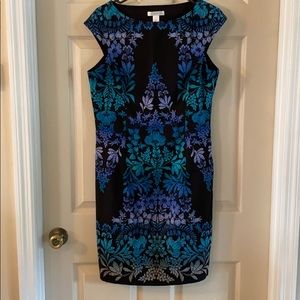 Black and purple and teal pencil dress